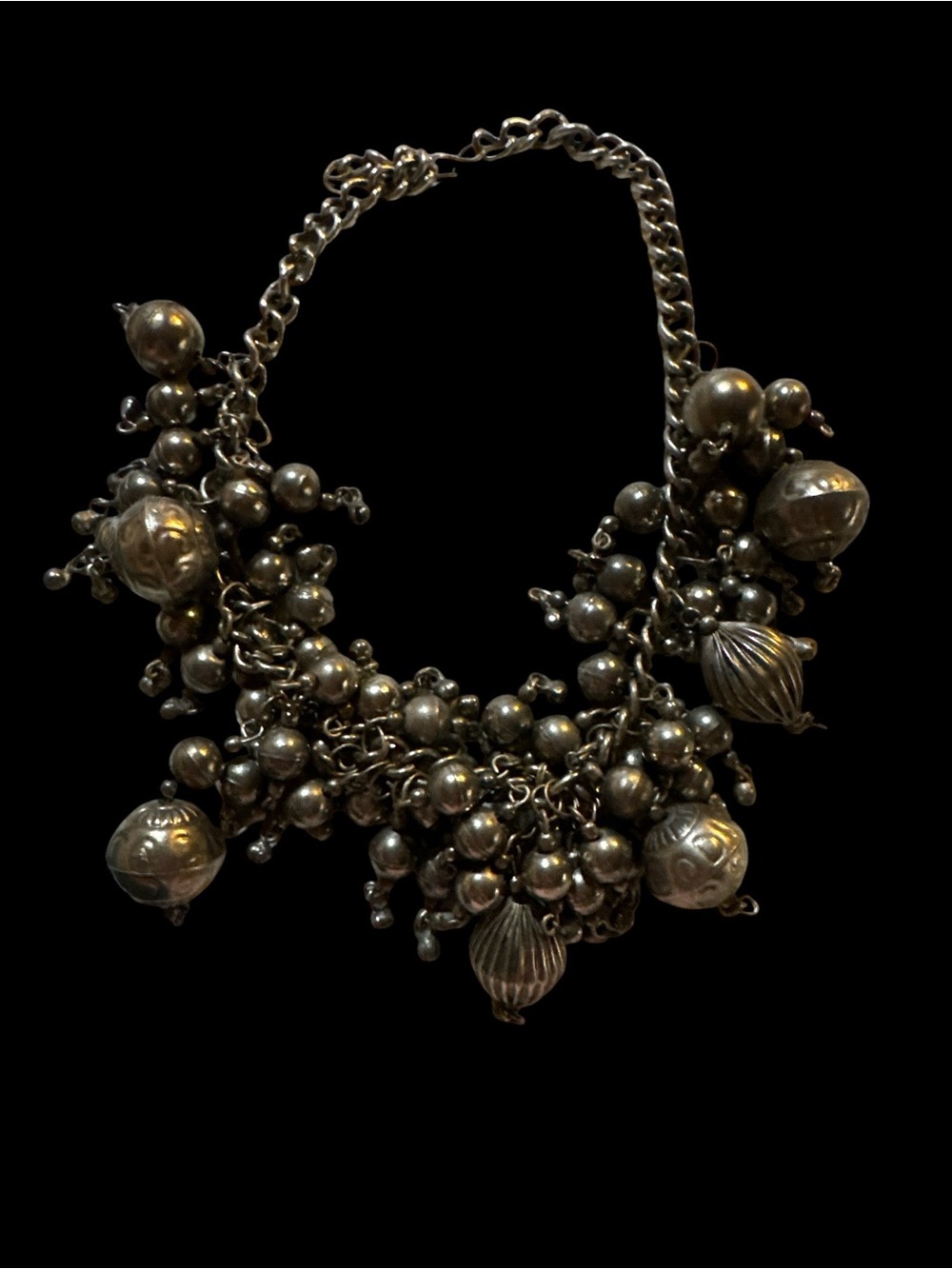 This vintage oxidized silver-tone cha-cha bead statement necklace